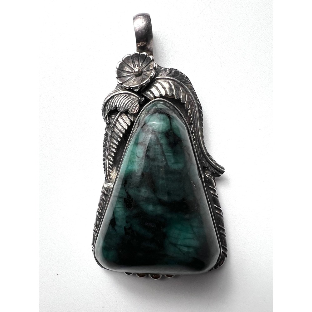 Vintage TOBLER Sterling Silver Malachite Pendant Southwestern Leaf Flower Art